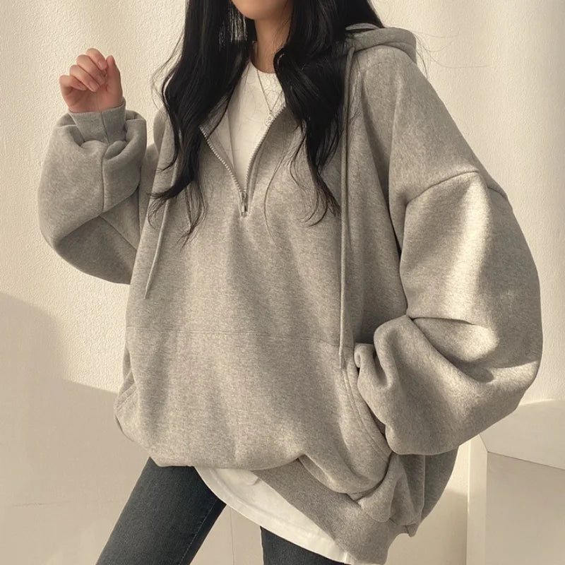 Women Hoodie Loose Oversized Solid Color Half Zip Up Hoodie Sweatshirt Harajuku Female Casual Long Sleeve Pocket Hooded Pullover