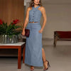 Buttoned Criss Cross Top &amp; Side Slit Pocket Design Skirt Set 2pcs Clothes Set Sleeveless Tank High Waist Long Skirt