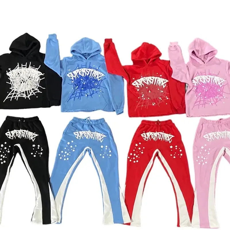 Hip Hop Gothic Pants Hipster Y2k Streetwear Outfits Punk Pullover Spider Print Slim Casual Set Spring 2024 Fashion Hooded Sweats